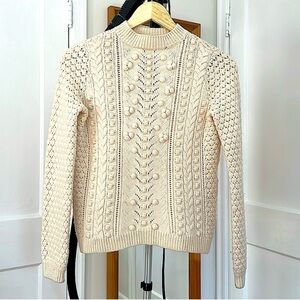 Sezane Ecru Cream Ivory Pom Poms Textured Knit Sweater Crewneck XS Wool
